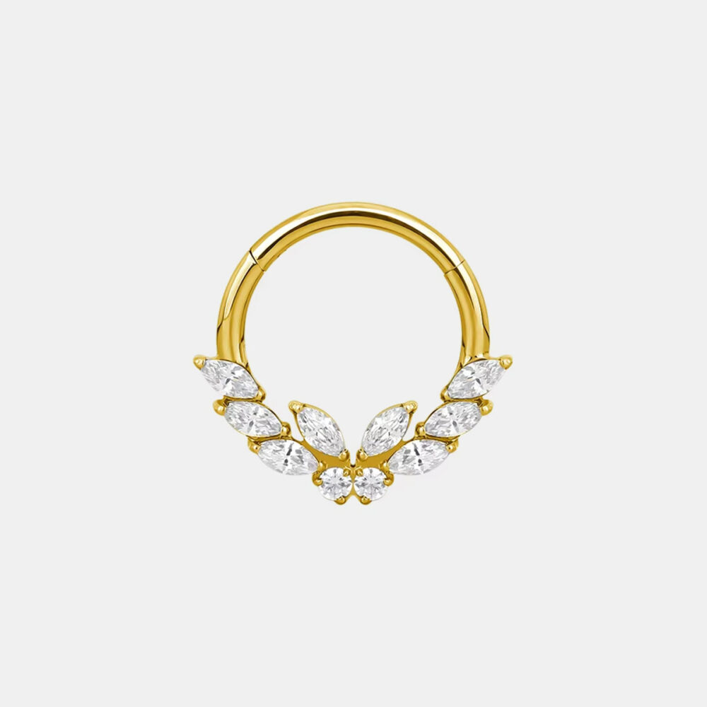 Złoty clicker septum daith z cyrkoniami liście, tytan ASTM F-136, powłoka PVD, biżuteria do ciała.