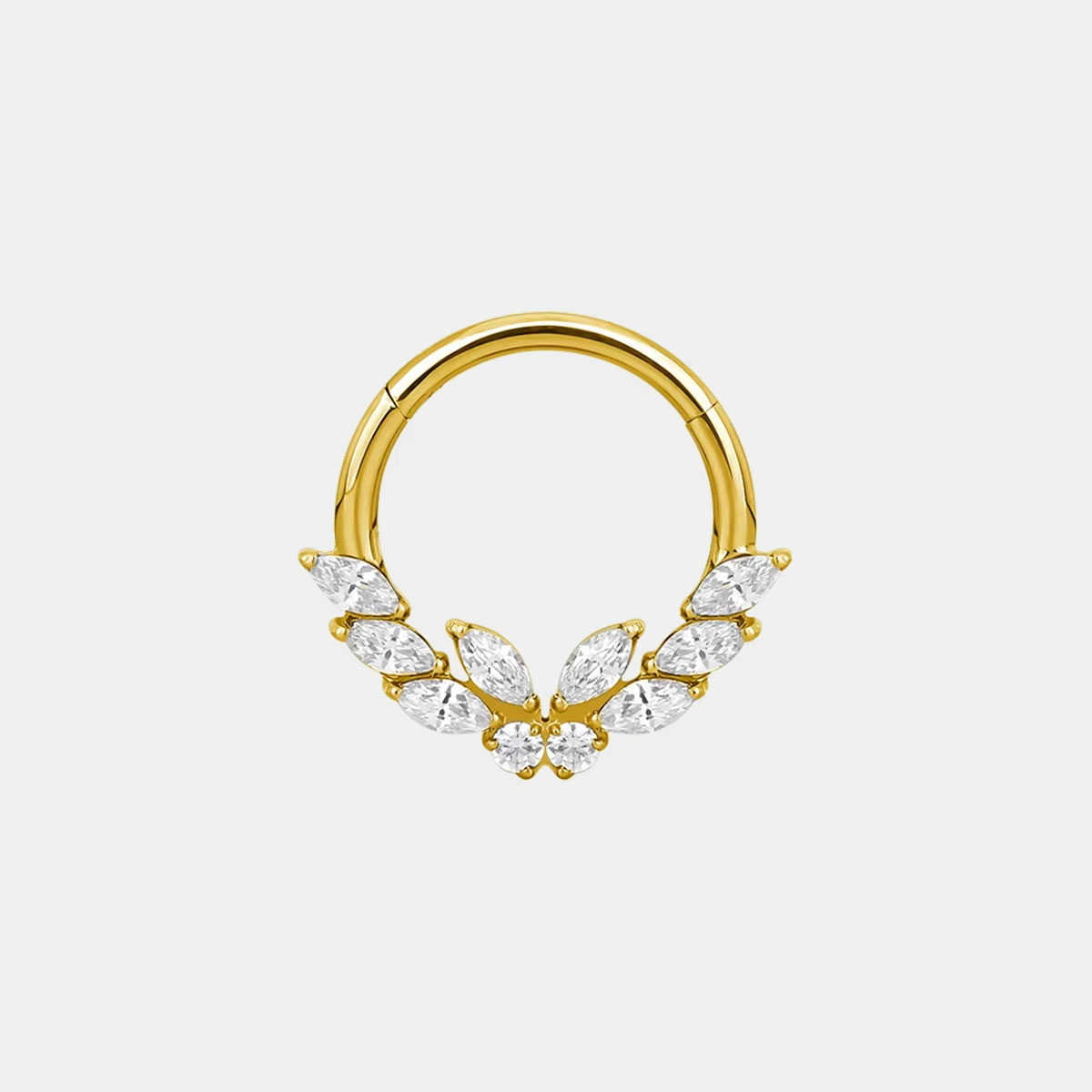 Złoty clicker septum daith z cyrkoniami liście, tytan ASTM F-136, powłoka PVD, biżuteria do ciała.