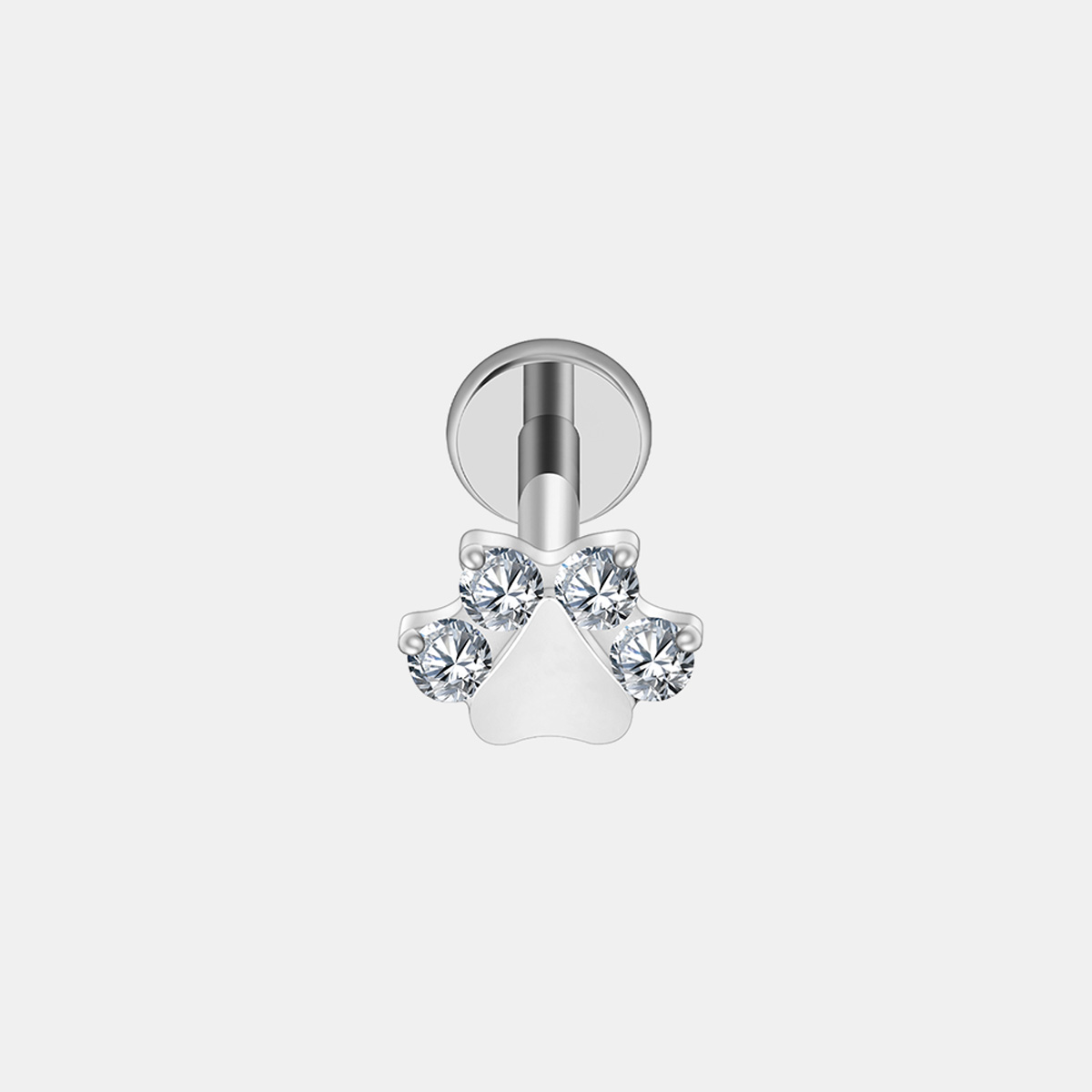 Srebrny labret z tytanu ASTM F136 z motywem łapki i jasnymi cyrkoniami, gwint wewnętrzny