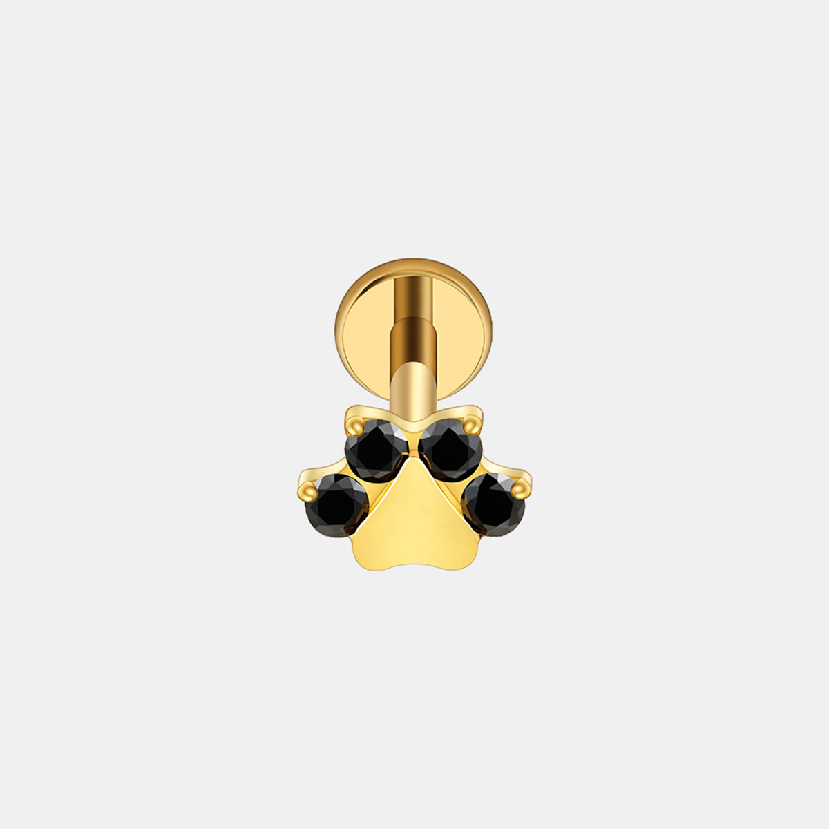 Złoty labret z tytanu z czarnymi cyrkoniami w kształcie łapy, gwint wewnętrzny