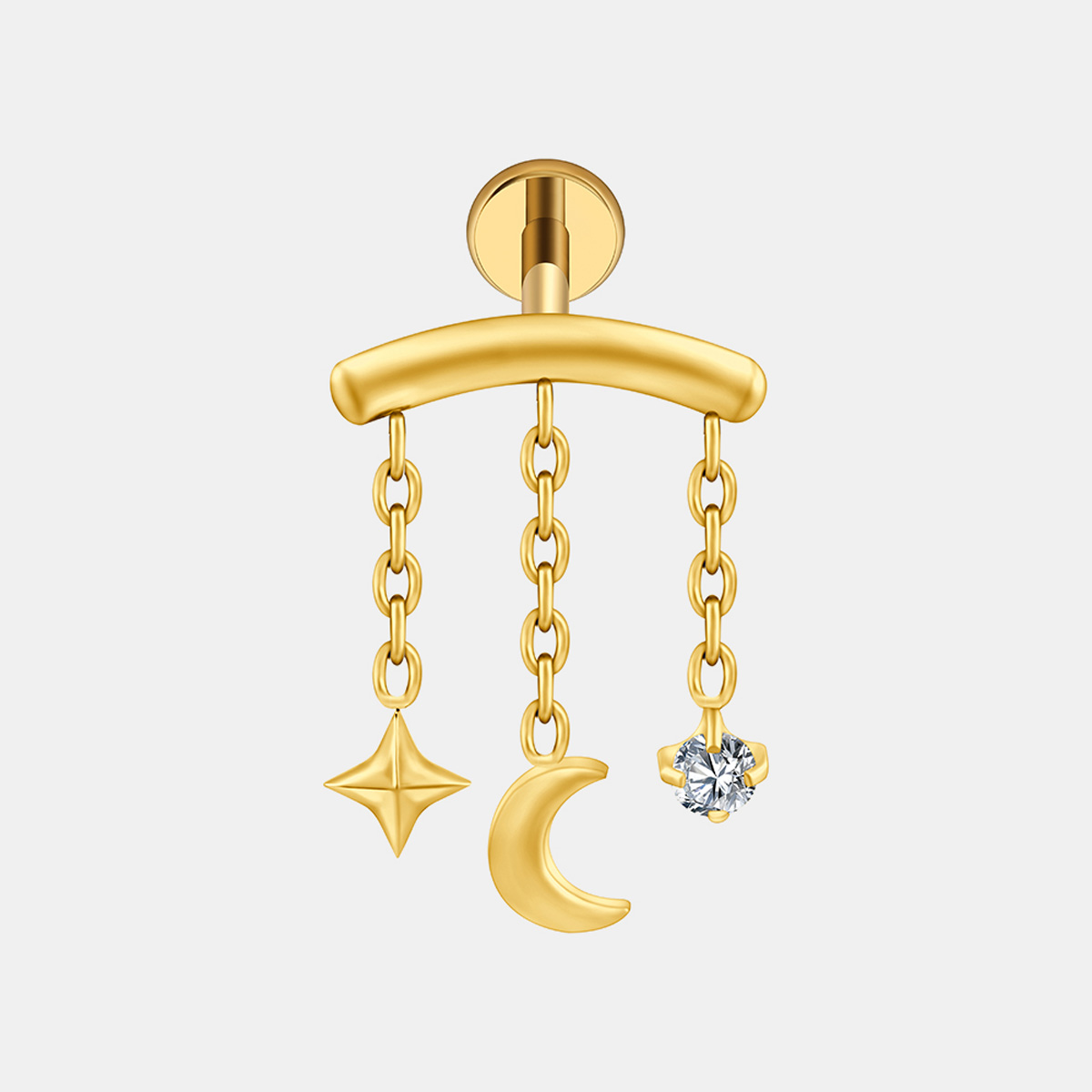 Złoty labret z tytanu medycznego z zawieszkami w kształcie księżyca, gwiazdy i cyrkonii, biżuteria do piercingu ucha