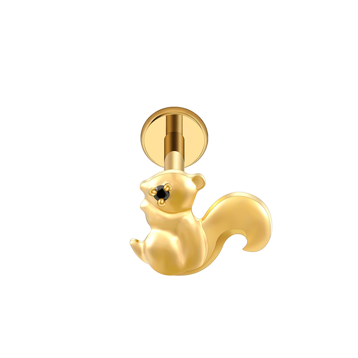 Złoty labret do piercingu w kształcie wiewiórki z czarną cyrkonią