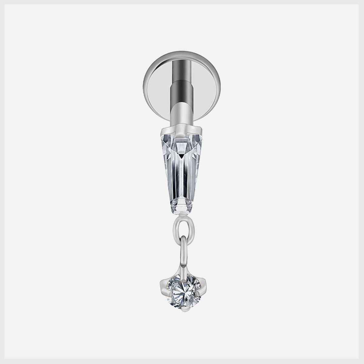 tytanowy labret do piercingu z podłużną cyrkonią i wiszącą cyrkonią