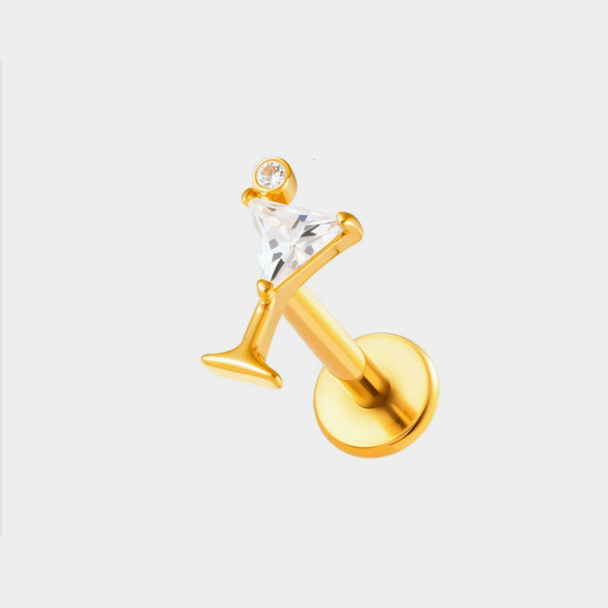 Tytanowy labret do piercingu w złotej powłoce PVD w kształcie kieliszka martini z cyrkoniami